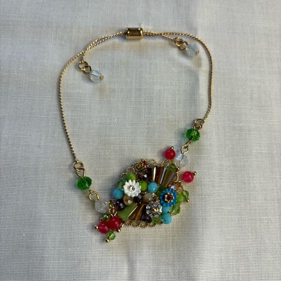 Heart Illusion Bracelet Gold Chain Adjustable Pull Clasp Beaded Rhinestones Boho - Picture 5 of 6